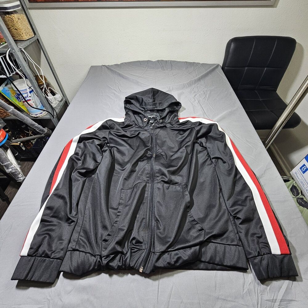 Forever 21 Men's Full Zip Track Jacket Hoodie Black Red White Side Stripe Size L
